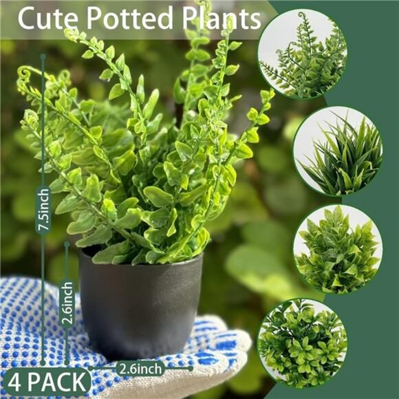 Set of 4 Small Fake Potted Plants 7 inch Artificial Mini Greenery Home Office De - Picture 3 of 7